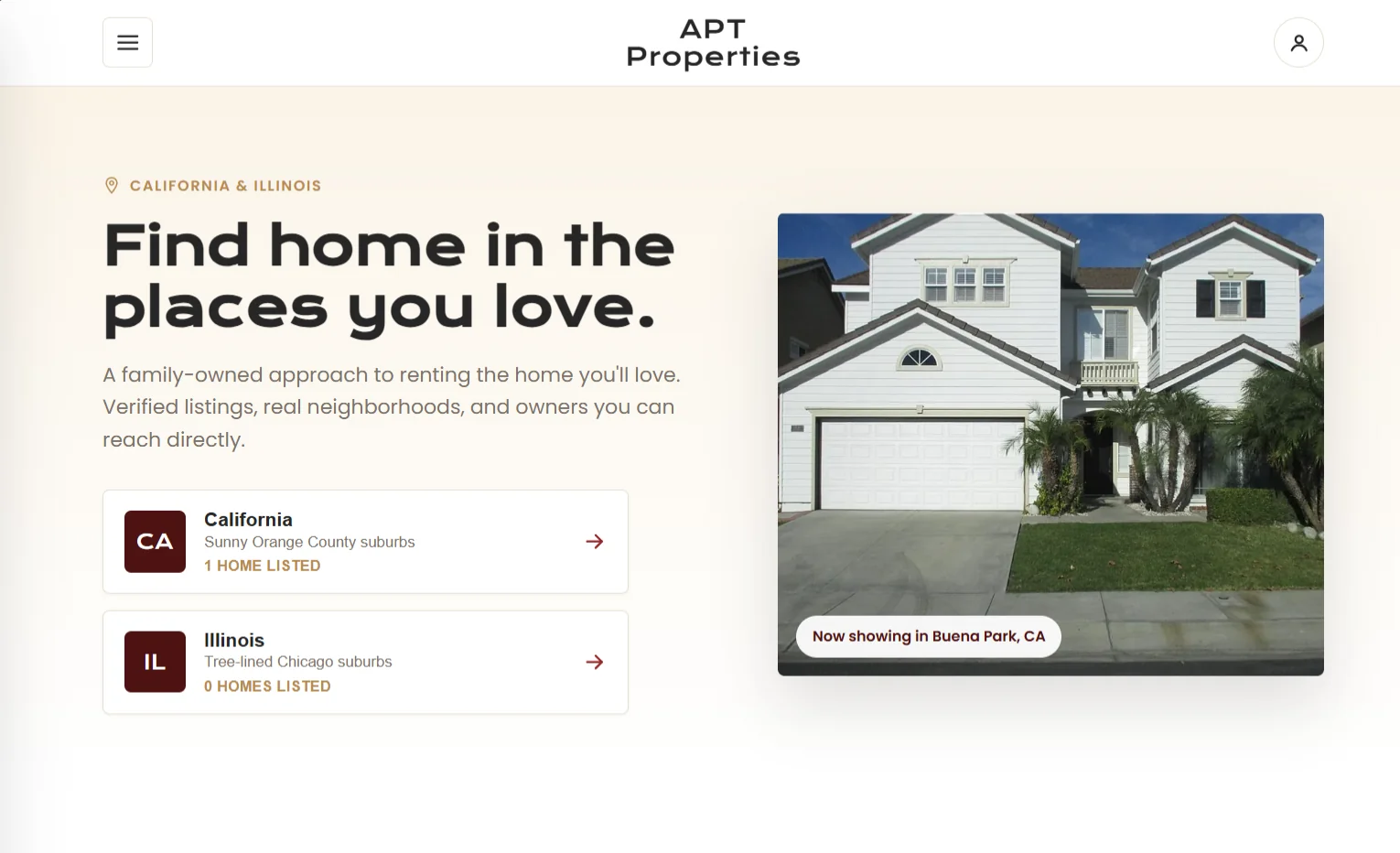 APT Properties home page, highlighting its California and Illinois locations