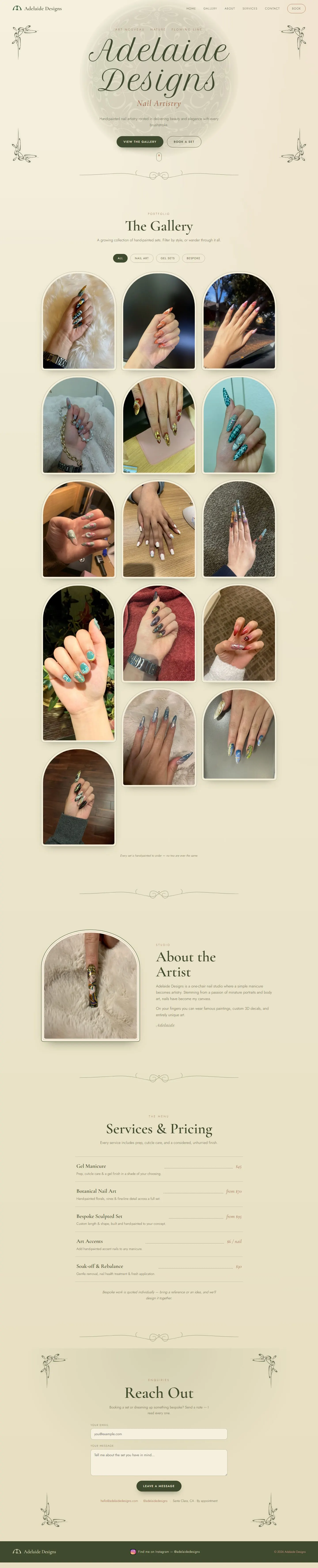 A full top-to-bottom scroll of the Adelaide Designs nail website